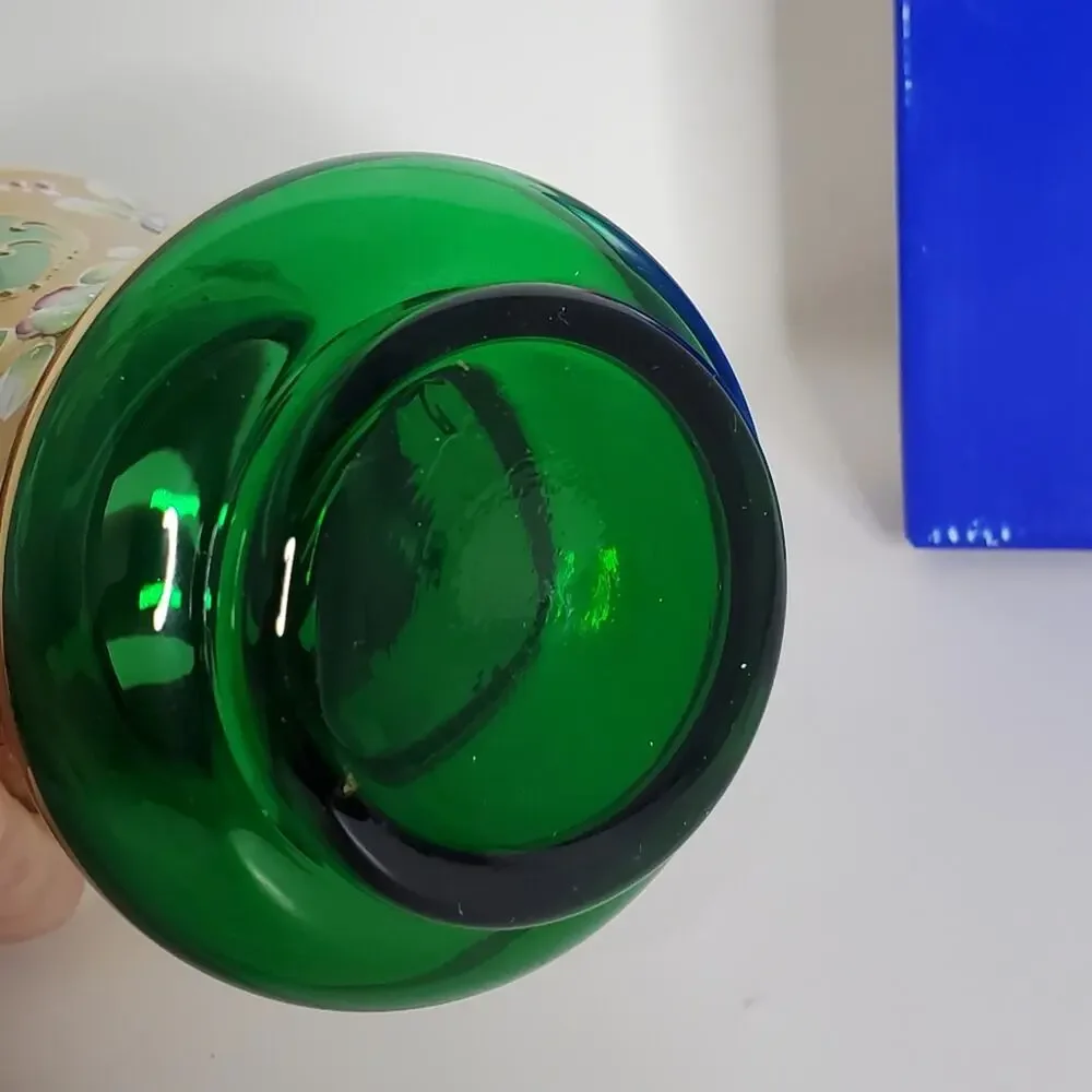 Vintage Emerald Green Bohemian Czech glass Vase in Excellent condition with box